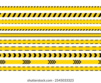 Seamless striped boundary lines without text. Caution yellow black tape. Set of warning bands for work zones. Barrier tapes for danger places. Danger ribbons. Vector illustration.