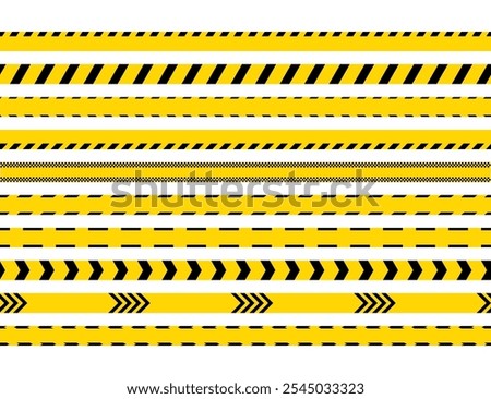 Seamless striped boundary lines without text. Caution yellow black tape. Set of warning bands for work zones. Barrier tapes for danger places. Danger ribbons. Vector illustration.