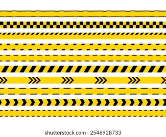 Líneas de contorno rayadas sin fisuras. Cintas negras amarillas. Detener el conjunto de cintas. Cintas de barrera de advertencia para lugares de peligro. Precaución con las bandas de la escena del crimen. No cruce la señal de la policía. Ilustración vectorial.