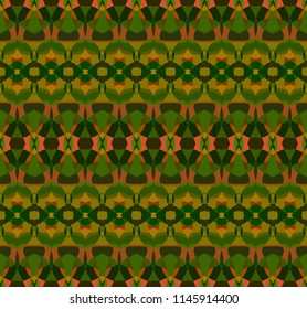 Seamless striped bright pattern from geometrical abstract ornaments multicolored in green and orange shades on a dark background. Vector illustration. Suitable for fabric, wallpaper or wrapping paper.