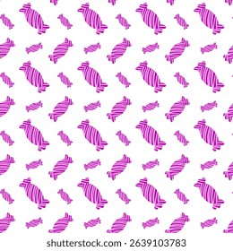 Seamless striped Candy in fun bright wrapper. Cute doodle seamless pattern of caramel in violet, purple. Great for Candy-related themes, wrapping paper or party backgrounds. Enjoy candy and have fun