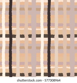 Seamless striped checked pattern. Crossing horizontal and vertical lines with torn paper effect. Ethnic background. Gray, brown, orange colors. Vector