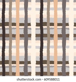 Seamless striped checked pattern. Crossing horizontal and vertical lines with torn paper effect. Ethnic background. Gray, orange, cream, brown colors. Vector