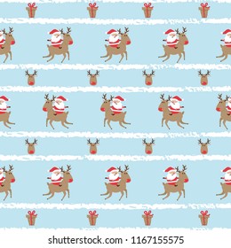 Seamless striped Christmas pattern with Santa Claus and deer. Wrapping paper design.