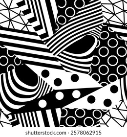 Seamless striped and dotted black and white pattern in patchwork style. Abstract geometric background made up of striped and dotted pieces. Collection of creative high contrast fashion prints. Vector.