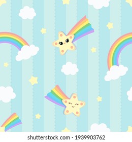 Seamless striped and dotted pattern background with clouds and colorful falling stars with cute faces and rainbow. Children's bedroom, baby nursery decorative wallpaper. Vector Illustration.