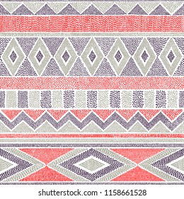 Seamless striped ethnic pattern. Tribal and aztec motifs. Handmade. Vector illustration.