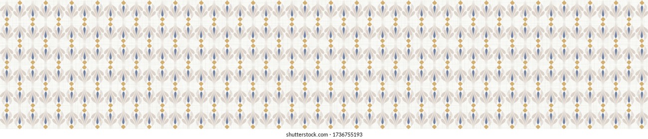 Seamless striped floral border pattern. French blue linen shabby chic style. Hand drawn country bloom banner. Rustic woven background. Kitchen towel home decor swatch. Simple flower ribbon trim edge.