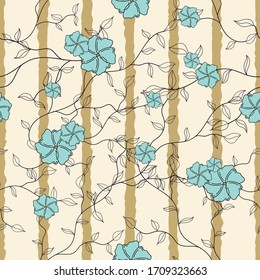 Seamless striped floral pattern flowers and foliage repeat endless background cover texture for textile, wrapping paper, wallpapers, curtains, clothing, linens, fashion fabric prints