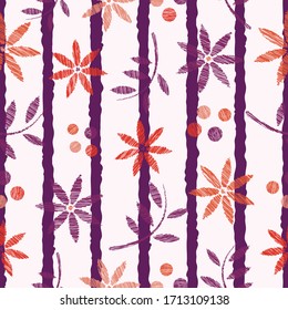 Seamless striped floral pattern flowers, leaves and dots repeat endless background cover texture for textile, linens, clothing, curtains, wallpapers, wrapping paper, fashion fabric prints
