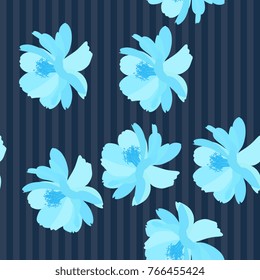 Seamless striped floral pattern with unique blue cosmos flowers, digital drawing and watercolor texture. Vector summer design.