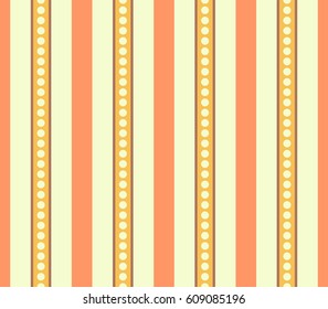 Seamless striped geometric pattern. Vertical straight lines with dot silhouettes. Streaky background. Orange, yellow, cream warm colored. Sunny spring theme. Vector
