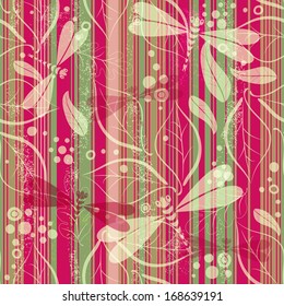Seamless  striped grungy pattern with leaves and translucent dragonflies (vector eps 10)