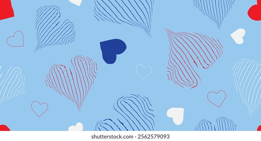 Seamless striped heart pattern with unique abstract design. The combination of red, blue, and white creates a modern and playful look. Baby cute girl cloth design. Vector illustration