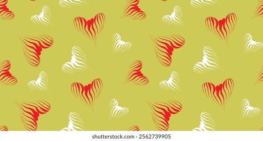 Seamless striped heart pattern with unique abstract design. The combination of red, white, and green creates a fresh and modern look. Elegant for clothing, bags, and other design purposes.