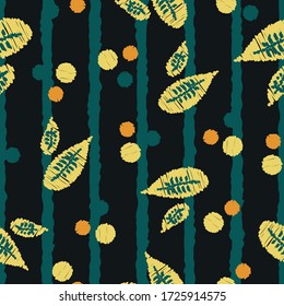 Hojas y puntos de rayas sin soldadura repiten una textura de fondo interminable para textiles, papel de envoltura, papel tapiz, lino, alfombras, cortinas, tela, estampados de tela de moda