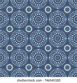 Seamless striped and Mandalas pattern. Vector illustration. Ethnic and tribal motifs. Simple ornament. Vintage print in blue, gray and white colors, grunge texture.