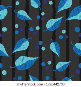 Seamless striped nature pattern
 blue leaves and dots repeat endless background cover texture for textile, wrapping paper, wallpapers, clothing, carpets, curtains, fashion fabric prints