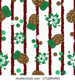 Seamless striped nature pattern cactus, flowers and dots repeat endless background cover texture for textile, wrapping paper, wallpapers, curtains, clothing, linens, fashion fabric prints