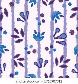 Seamless striped nature pattern embroidery style leaves and flowers repeat endless background cover texture for linens, wallpapers, wrapping paper, wallpapers, clothing, curtains, fashion fabric print