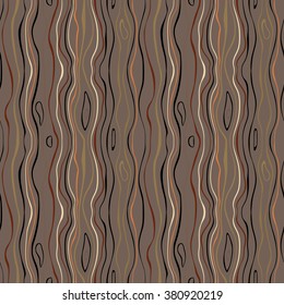 Seamless striped nature pattern. Vertical narrow wavy lines. Bark, branches of trees, tropical forest theme texture. Brown, gray, orange, black colored background. Vector