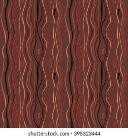 Seamless striped nature pattern. Vertical narrow wavy lines. Bark, branches of trees, tropical forest theme texture. Brown, orange, black colored background. Vector