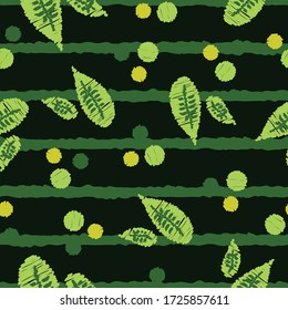 Seamless striped nature vector pattern leaves and dots repeat endless background cover texture for textile, wrapping paper, wallpapers, curtains, carpets, clothing, fashion fabric prints