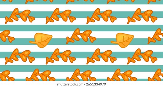 Seamless Striped Oak Leaf Pattern. Cartoon oak and simple autumn leaves in warm orange and yellow tones, arranged on teal and white horizontal stripes. Seamless flat pattern with playful fall mood.