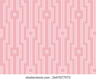 Padrão listrado sem costura com um design abstrato de linhas verticais interligadas rosa e listras em um estilo moderno. Ilustração vetorial para textura, papel de parede, fundo, têxtil e envoltório.