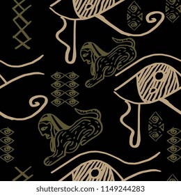 Seamless striped pattern ancient ornate theme with ethnic and tribal motifs. Vintage retro drawing for textile print vector illustration.