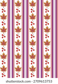 seamless striped pattern with autumn leaves and berry design for new year and Christmas holidays background. Cute design for Christmas wrappings, textile,wallpaper and backgrounds	
