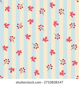 Patrón de rayas sin fisuras con hojas de otoño y diseño de bayas para el año nuevo y fondo de vacaciones de Navidades. Diseño lindo para envolturas de Navidades, textiles, Fondo de pantalla y fondos	