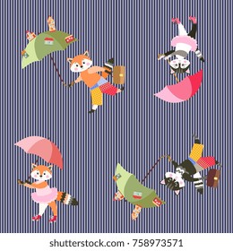 Seamless striped pattern for baby. Cute cartoon foxes and cats with umbrellas. Beautiful vector design.