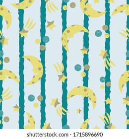 Seamless striped pattern background moon shapes, stars and dots repeat endless cover texture for textile, linens, wallpapers, wrapping paper, clothing, fashion fabric prints 