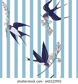 Seamless striped pattern with birds and flowers. Swallows with lilies of the valley. Animal Pattern. Can be used for textile, manufacturing, book covers, wallpapers, print or gift wrap. 