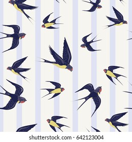 Seamless striped pattern with birds . Swallows. Animal Pattern. Can be used for textile, manufacturing, book covers, wallpapers, print or gift wrap. Vector illustration