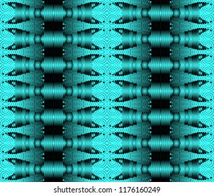 Seamless striped pattern from black geometrical abstract ornaments on a turquoise background. Vector illustration. Suitable for fabric, wallpaper and wrapping paper