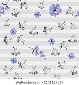 Seamless striped pattern with black silhouette of umbrella flowers and blue poppies and bell flowers. Vector illustration. Print for fabric.