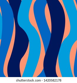 Seamless striped pattern in blue tones. Vertical wavy lines intertwined. Print for textiles. Vector illustration.