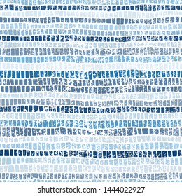 Seamless striped pattern. Blue and white print for textiles. Vintage ornament drawn by hand. Grunge texture. Vector illustration.
