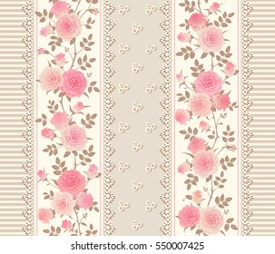 Seamless striped pattern with branches of roses and laces. Vintage floral background, border. May be use as digital paper, fills, print onto fabric.