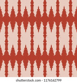 Seamless striped pattern from brown geometrical abstract ornaments on a beige background. Vector illustration. Suitable for fabric, wallpaper and wrapping paper