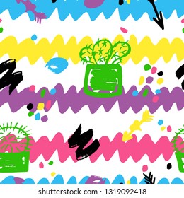 Seamless Striped pattern with cactus in pots. Colorful on white background. Hand drawn brush texture. For print for baby clothes, bags, towels, fabric, textile, website, card wrapping wallpaper 