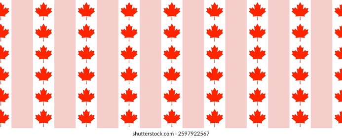 Seamless striped pattern with Canadian maple leaves. Vector background with national symbol of Canada day. Repeating red maple leaf. Perfect for textile, wallpaper, decoration, wrapping paper, package
