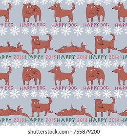 Seamless striped pattern with cartoon brown dogs and red Christmas inscriptions. Vector image on a gray background.