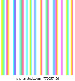 Seamless striped pattern with chromatic aberration effect. CMYK stereoscopic halftone vector. Stereo effect background. Abstract displacement cyan, magenta, yellow typographic color stripes.