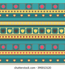 Seamless striped pattern with colored geometric pattern