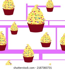 seamless striped pattern of cupcakes decorated with whipped cream and confectionery sprinkles, colorful balls. Sweets day, cupcake day. Sweet dessert. For wrapping, packaging, menu, blog.