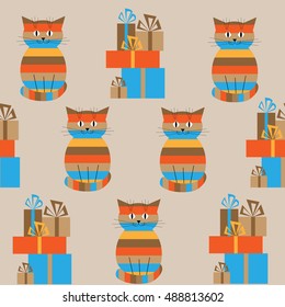 Seamless striped pattern with a cute cats and gifts