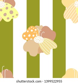 Seamless striped pattern with cute flowers. Vector striped background in scandinavian style -green with pink.For textiles, wallpapers, designer paper, etc
